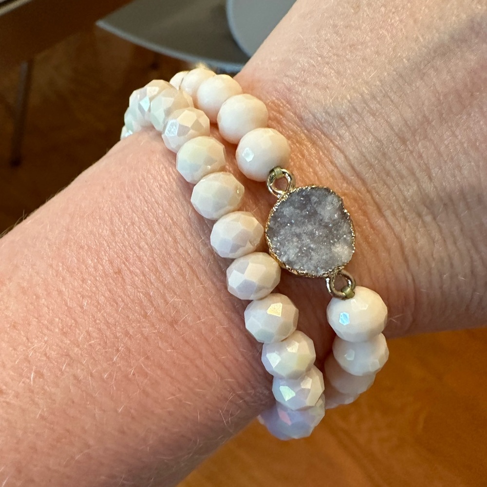 Beaded bracelets. (2) Slip on. Ivory with gray stone.